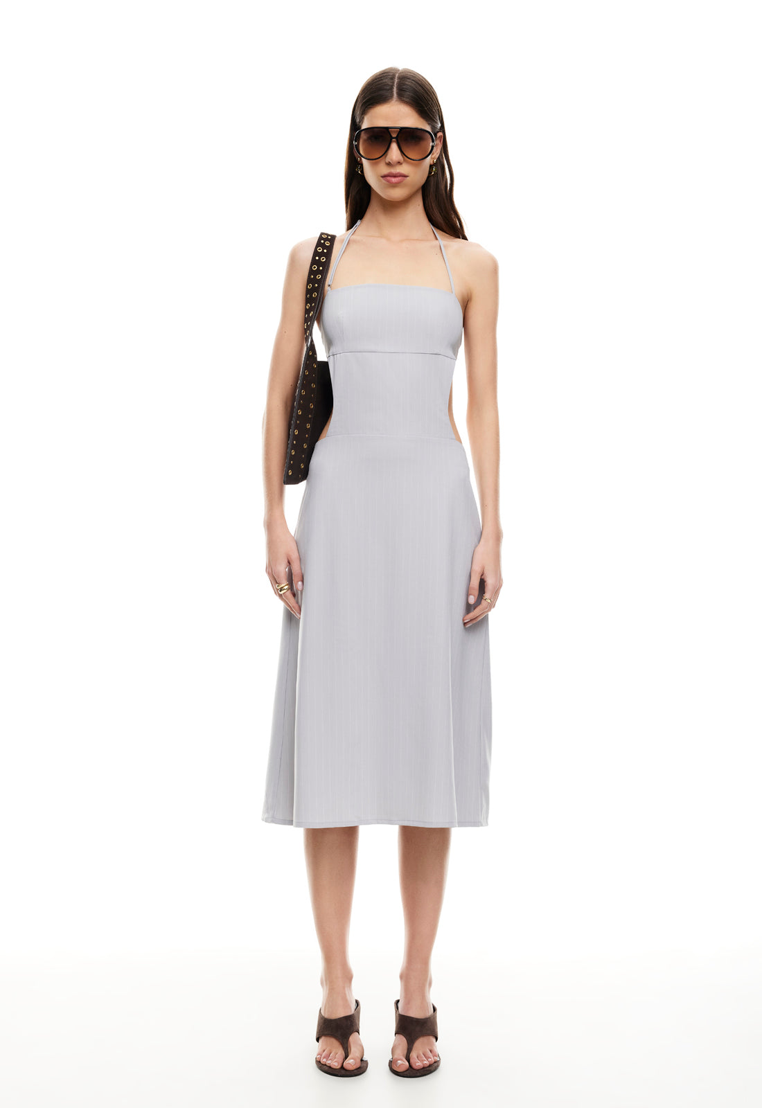 MOONLIT MIDI DRESS LIGHT GREY PINSTRIPE – LIONESS FASHION