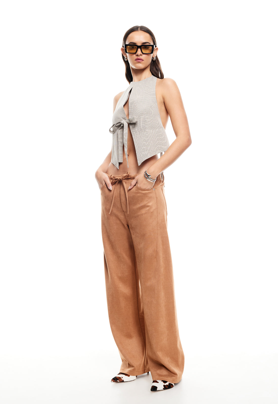 BUTTERFLY TIE TOP - BEIGE GINGHAM