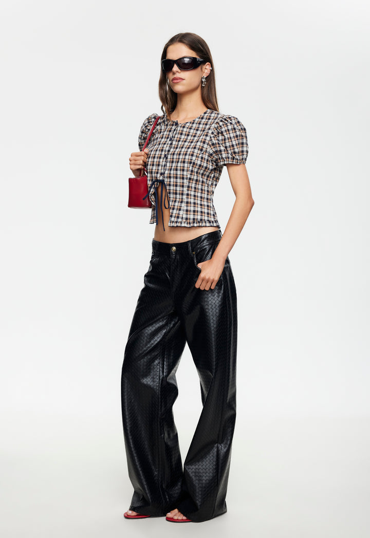 BARDOT TOP - BEIGE TARTAN