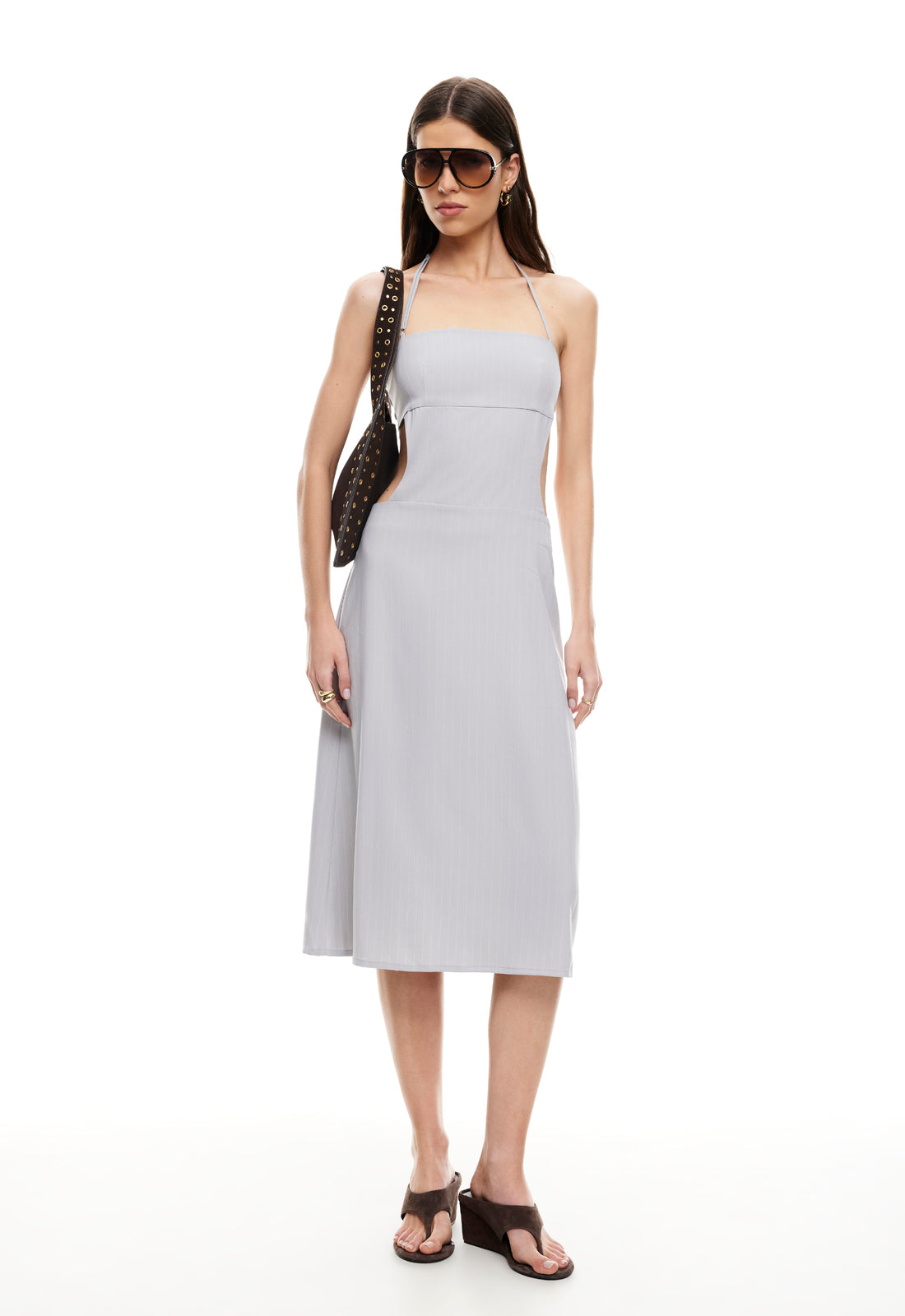 MOONLIT MIDI DRESS - LIGHT GREY PINSTRIPE LIONESS FASHION MOONLIT MIDI DRESS - LIGHT GREY PINSTRIPE LIONESS FASHION