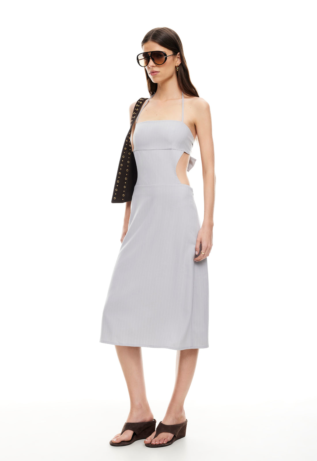 MOONLIT MIDI DRESS - LIGHT GREY PINSTRIPE LIONESS FASHION MOONLIT MIDI DRESS - LIGHT GREY PINSTRIPE LIONESS FASHION