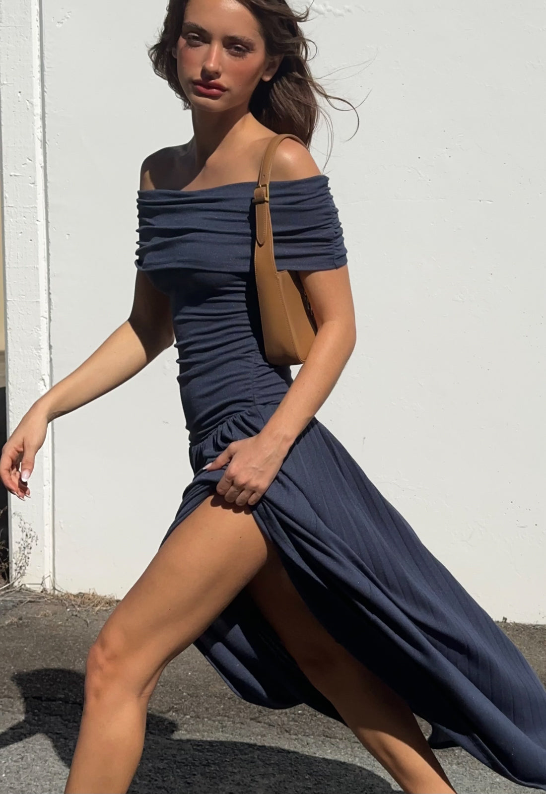 field of dreams off the shoulder maxi dress Lioness Women's Field of Dreams Maxi Dress - NAVY