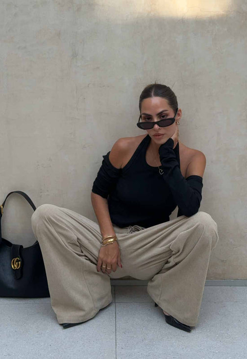 SLOUCHED TIE UP PANT - LATTE